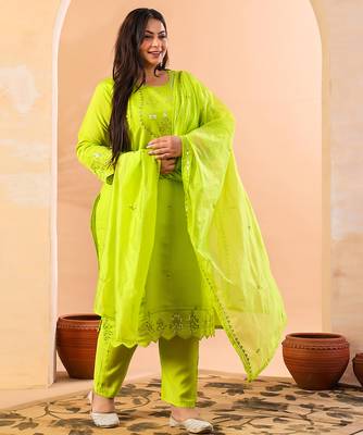 slik blend lime green straight plus size kurta dupatta pant set cotton lining kurta 2