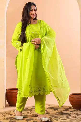 slik blend lime green straight plus size kurta dupatta pant set cotton lining kurta