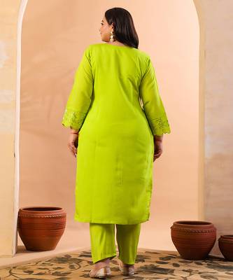 slik blend lime green straight plus size kurta dupatta pant set cotton lining kurta 3
