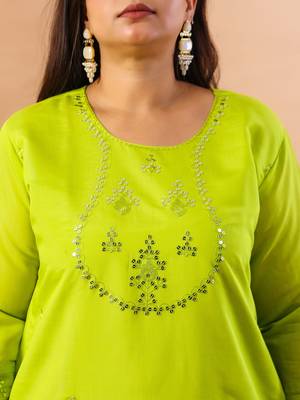slik blend lime green straight plus size kurta dupatta pant set cotton lining kurta 4