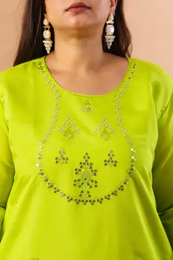 slik blend lime green straight plus size kurta dupatta pant set cotton lining kurta