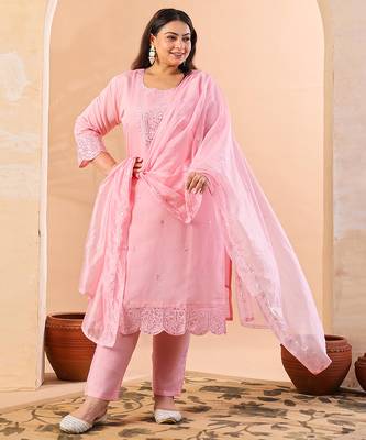 slik blend pink straight plus size kurta dupatta pant set cotton lining kurta 1