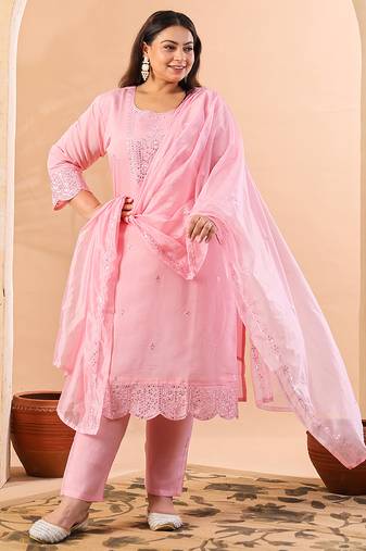 slik blend pink straight plus size kurta dupatta pant set cotton lining kurta