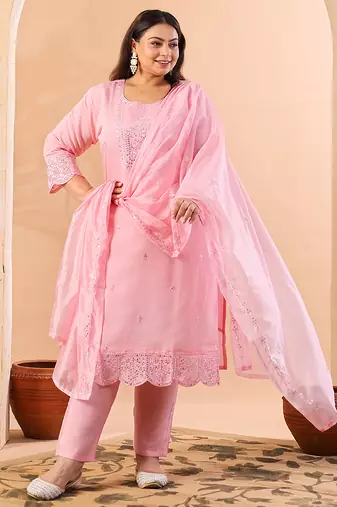 slik blend pink straight plus size kurta dupatta pant set cotton lining kurta
