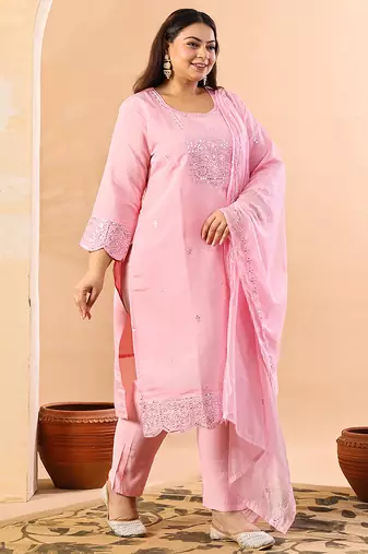 slik blend pink straight plus size kurta dupatta pant set cotton lining kurta