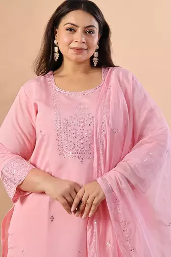 slik blend pink straight plus size kurta dupatta pant set cotton lining kurta
