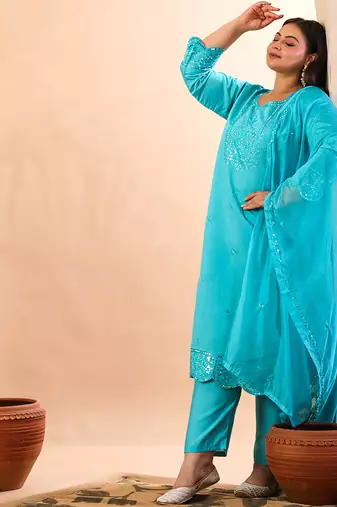 slik blend sea green straight plus size kurta dupatta pant set cotton lining kurta