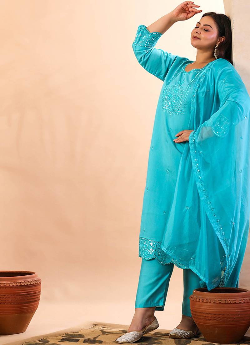 slik blend sea green straight plus size kurta dupatta pant set cotton lining kurta