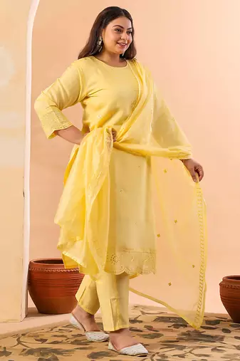 butter yellow slik blend straight plus size kurta dupatta pant set cotton lining kurta