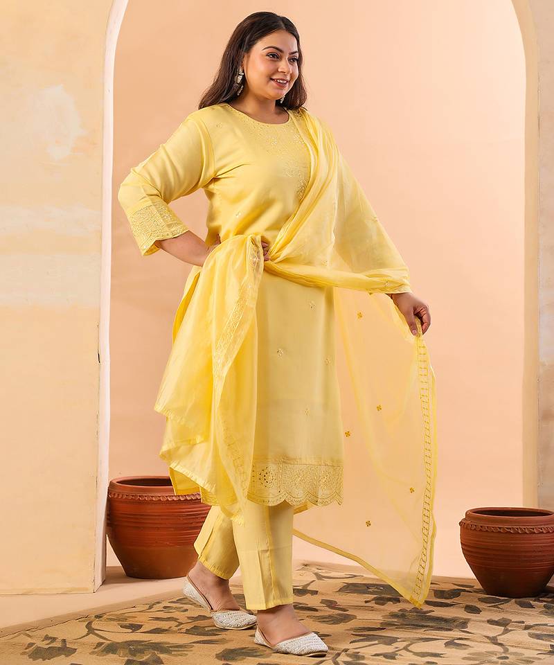 butter yellow slik blend straight plus size kurta dupatta pant set cotton lining kurta