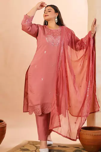 mauve slik blend straight plus size kurta dupatta pant set cotton lining kurta