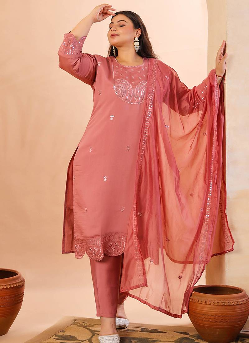 mauve slik blend straight plus size kurta dupatta pant set cotton lining kurta