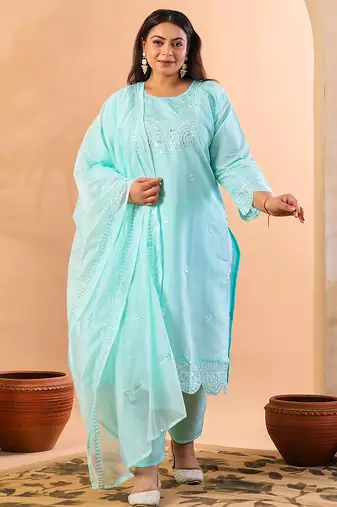 sky blue slik blend straight plus size kurta dupatta pant set cotton lining kurta