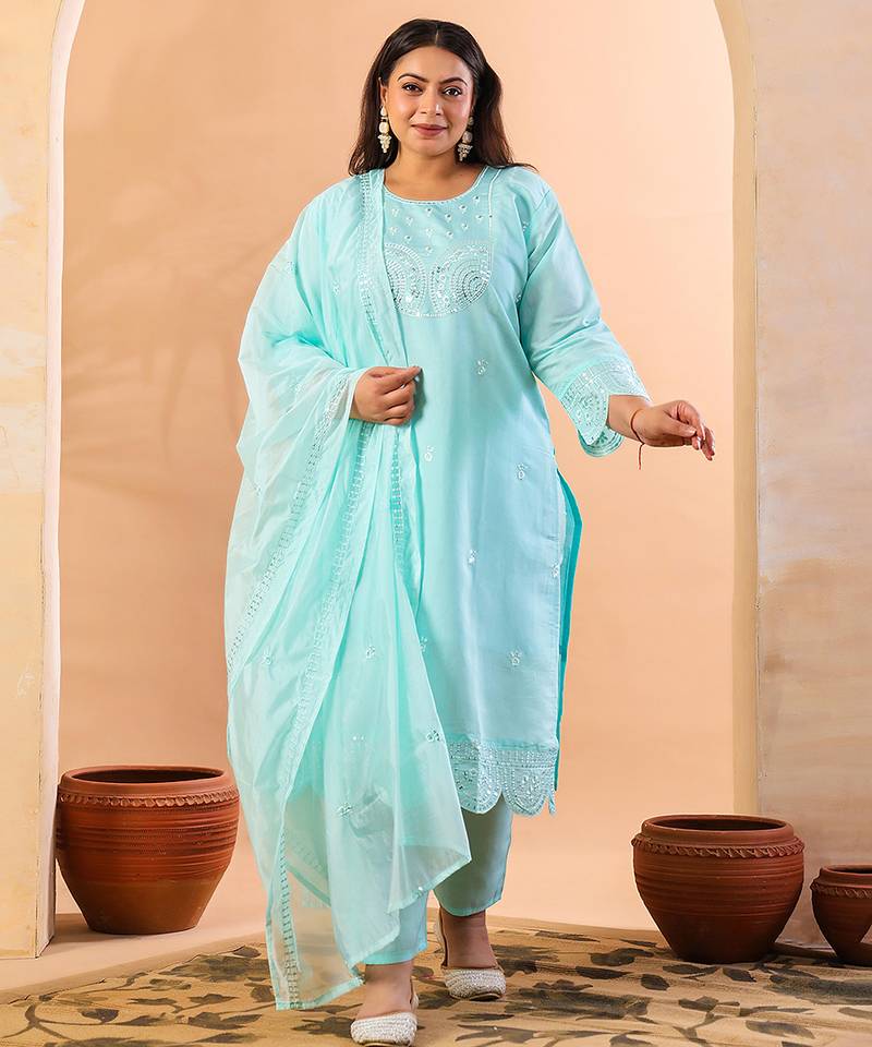 sky blue slik blend straight plus size kurta dupatta pant set cotton lining kurta