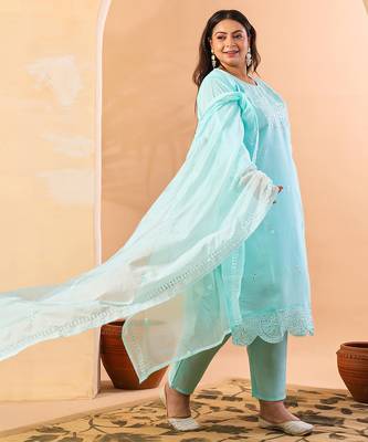 sky blue slik blend straight plus size kurta dupatta pant set cotton lining kurta 2