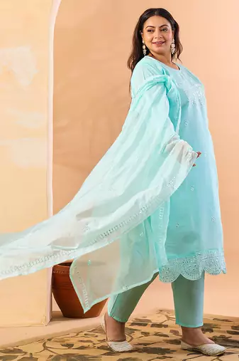 sky blue slik blend straight plus size kurta dupatta pant set cotton lining kurta
