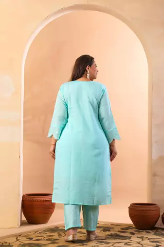 sky blue slik blend straight plus size kurta dupatta pant set cotton lining kurta