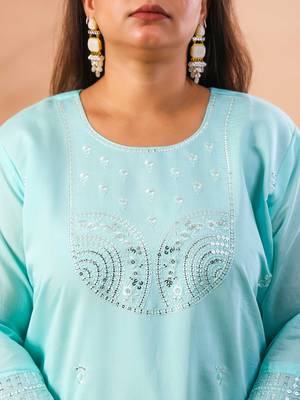 sky blue slik blend straight plus size kurta dupatta pant set cotton lining kurta 4