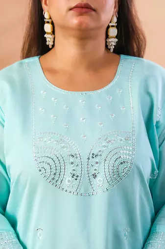 sky blue slik blend straight plus size kurta dupatta pant set cotton lining kurta