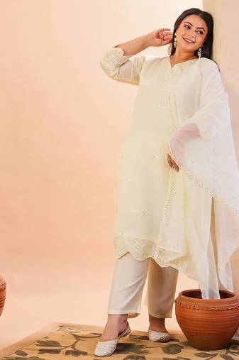 cream slik blend straight plus size kurta dupatta pant set cotton lining kurta