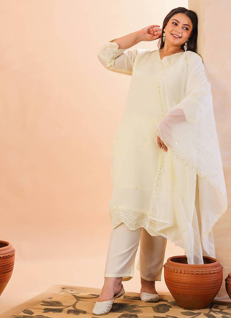 cream slik blend straight plus size kurta dupatta pant set cotton lining kurta