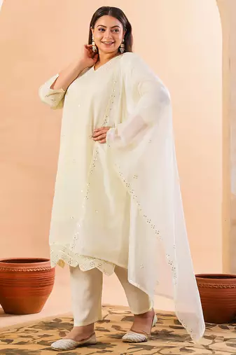 cream slik blend straight plus size kurta dupatta pant set cotton lining kurta