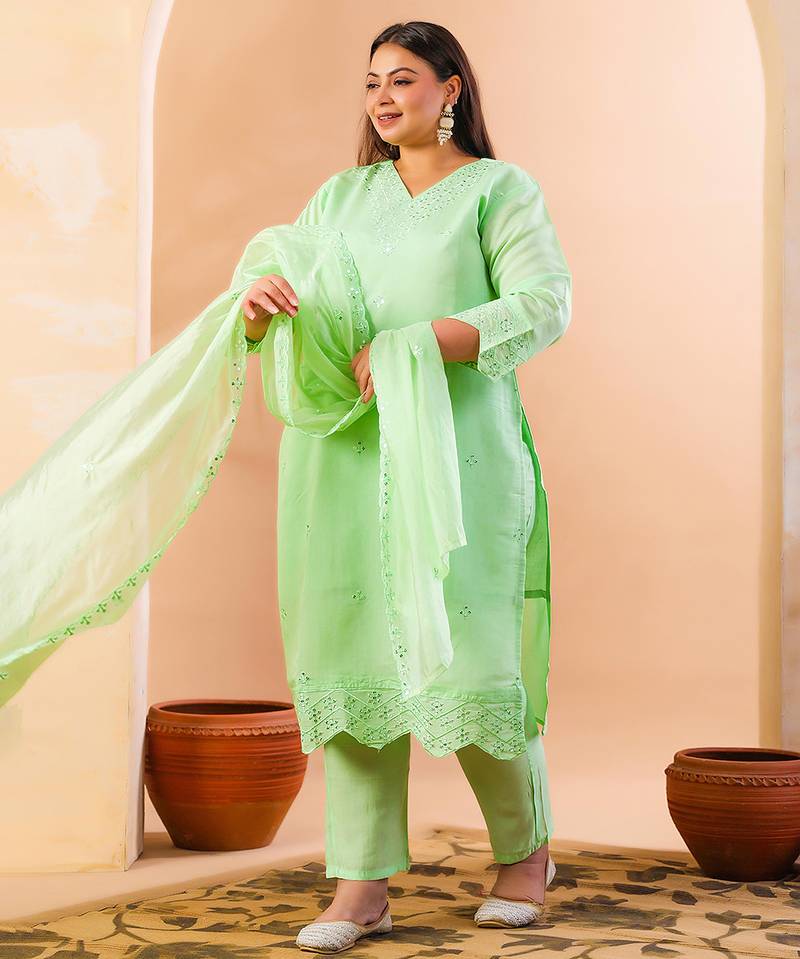 pastel green slik blend straight plus size kurta dupatta pant set cotton lining kurta