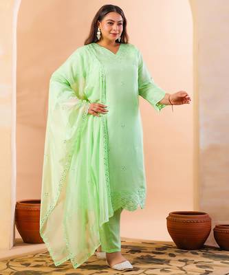 pastel green slik blend straight plus size kurta dupatta pant set cotton lining kurta 2