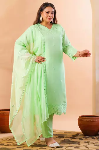 pastel green slik blend straight plus size kurta dupatta pant set cotton lining kurta