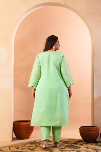 pastel green slik blend straight plus size kurta dupatta pant set cotton lining kurta