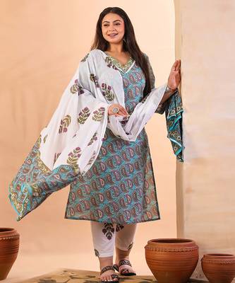 sky blue paisley cotton straight plus size kurta white trouser white dupatta set 1