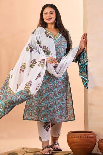 sky blue paisley cotton straight plus size kurta white trouser white dupatta set