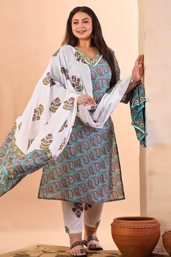 sky blue paisley cotton straight plus size kurta white trouser white dupatta set