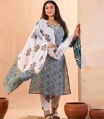 sky blue paisley cotton straight plus size kurta white trouser white dupatta set