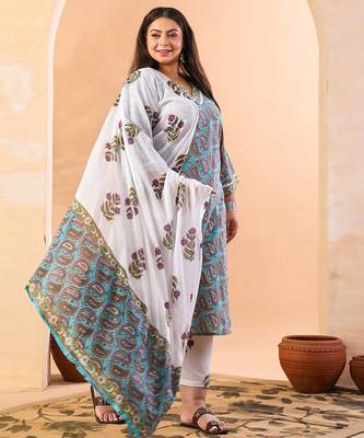sky blue paisley cotton straight plus size kurta white trouser white dupatta set 2