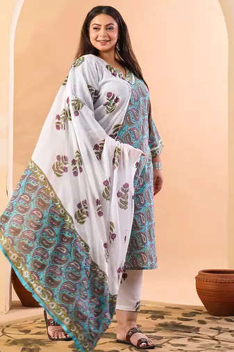 sky blue paisley cotton straight plus size kurta white trouser white dupatta set