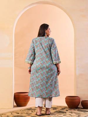 sky blue paisley cotton straight plus size kurta white trouser white dupatta set 3