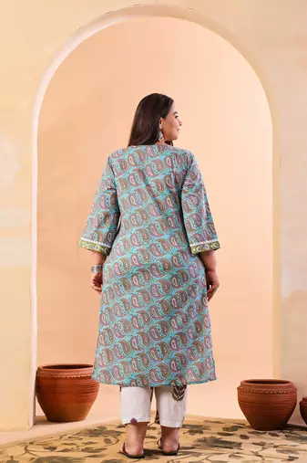 sky blue paisley cotton straight plus size kurta white trouser white dupatta set