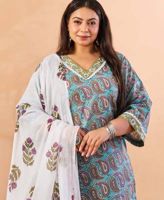 sky blue paisley cotton straight plus size kurta white trouser white dupatta set 4