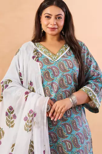 sky blue paisley cotton straight plus size kurta white trouser white dupatta set