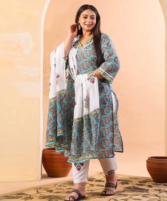 sky blue paisley cotton straight plus size kurta white trouser white dupatta set 5