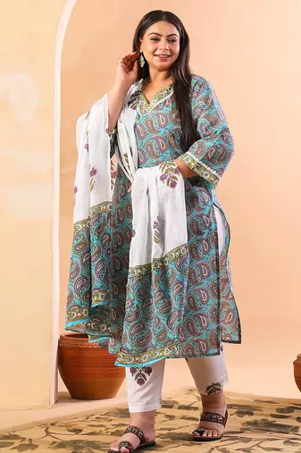 sky blue paisley cotton straight plus size kurta white trouser white dupatta set