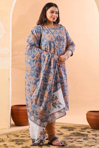 grey hand embroidery cotton plus size straight kurta orange trouser dupatta set