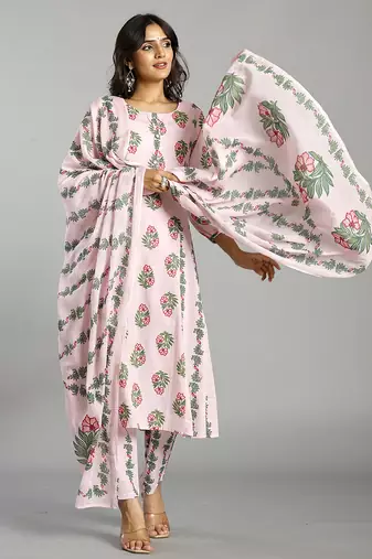 pink block print handcrafted cotton flared kurta set