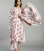 pink block print handcrafted cotton flared kurta set