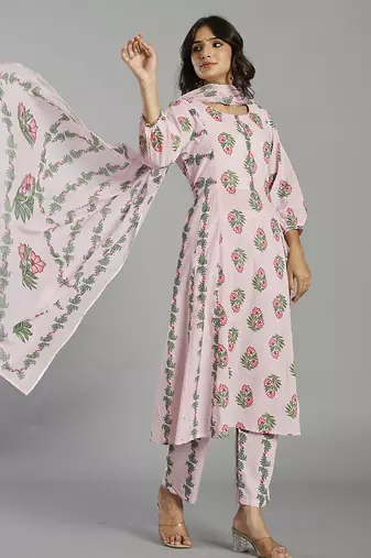 pink block print handcrafted cotton flared kurta set