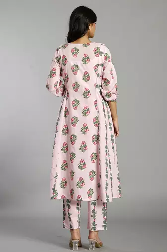 pink block print handcrafted cotton flared kurta set