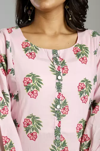 pink block print handcrafted cotton flared kurta set