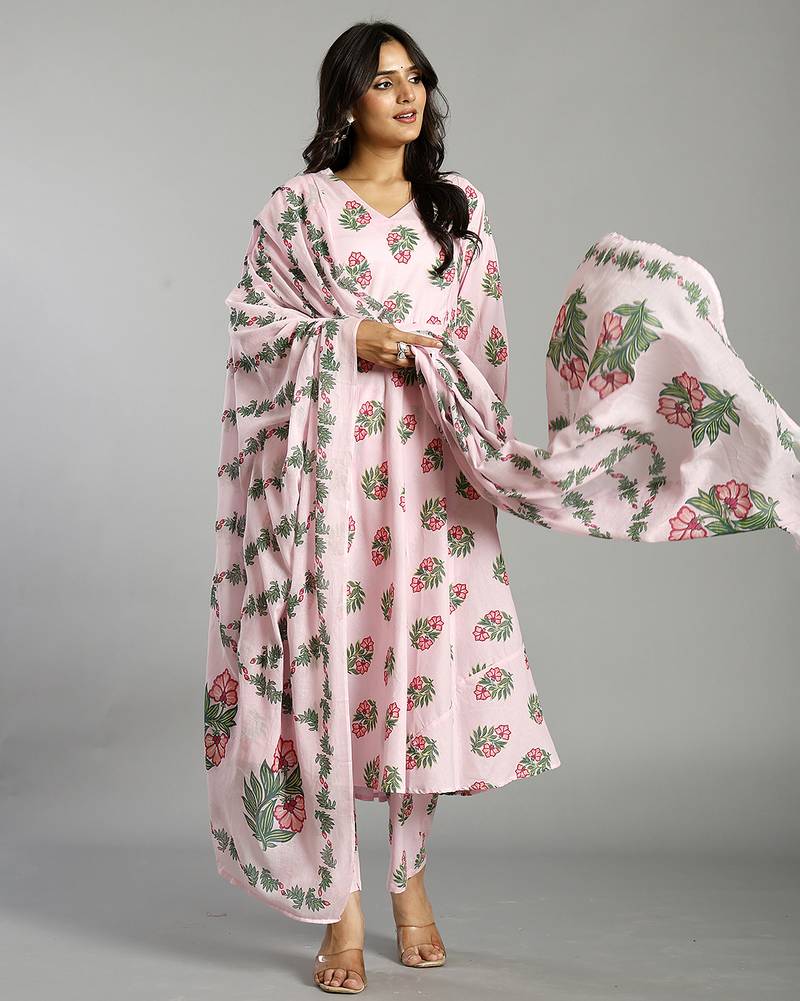 Yufta light pink block print cotton a-line maternity kurta trouser dupatta set