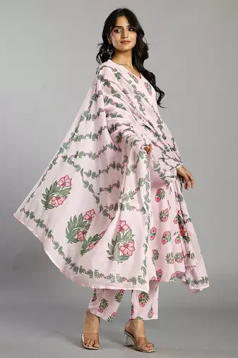 light pink block print cotton a-line maternity kurta trouser dupatta set